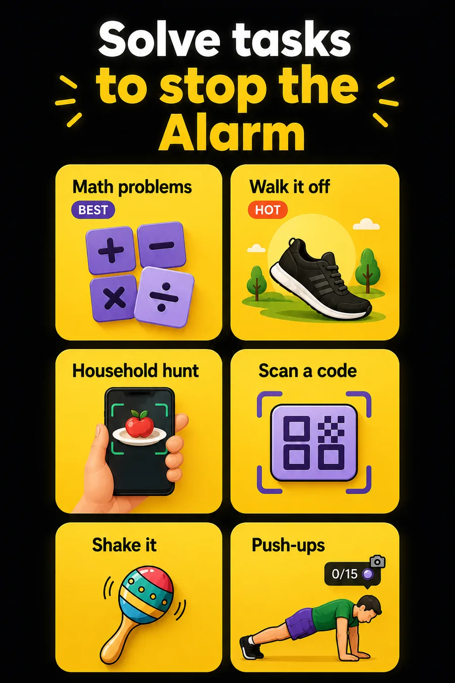 Eleven missions. Maths and shake are quick; the rest need you upright.