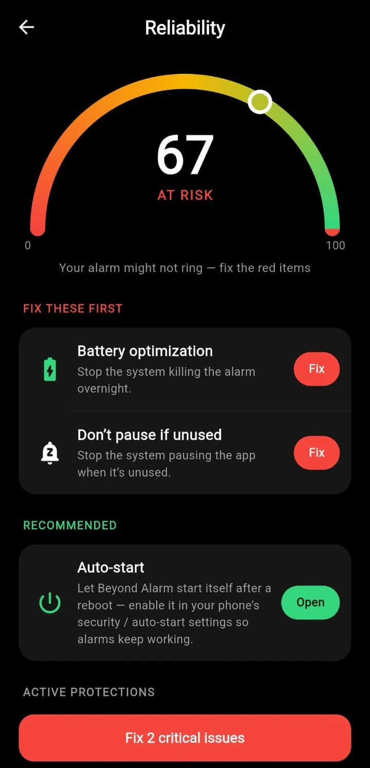 Beyond Alarm's reliability screen on a vivo handset. Battery optimisation and background pausing each get a Fix button, because the app can read and change them. Auto-start only gets an Open button &mdash; the app can send you to the setting, but it cannot see whether you switched it on.