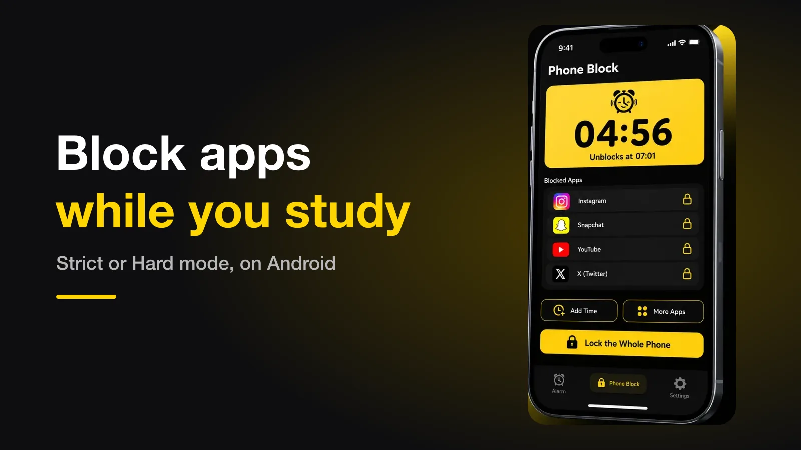 A running Phone Block on an Android phone, next to the headline: block apps while you study.