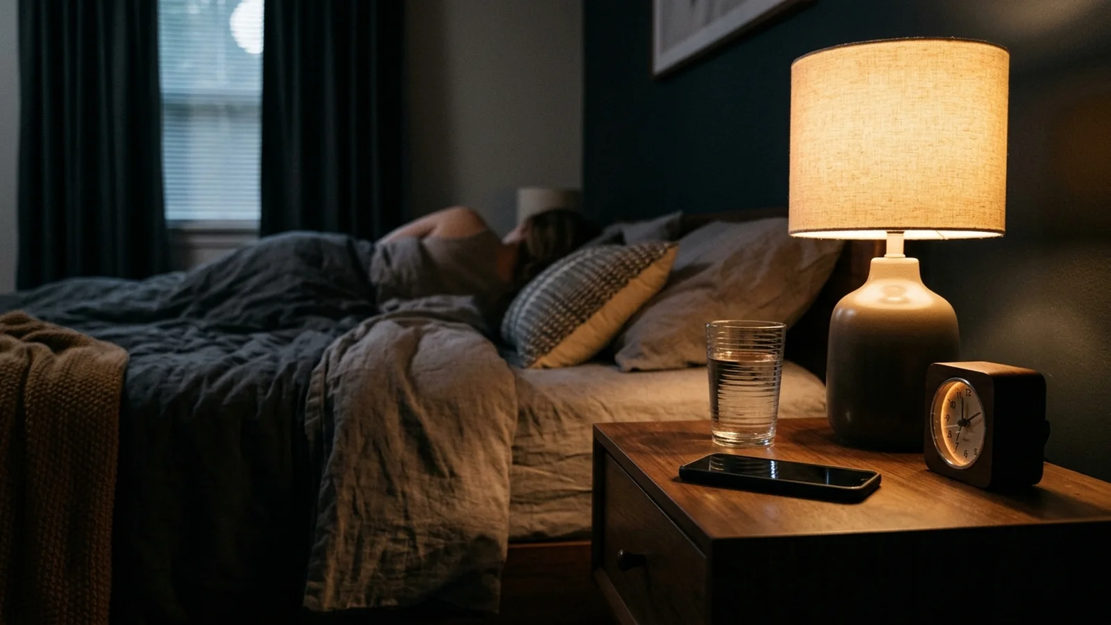 A cozy bedroom nightstand with a smartphone resting quietly in night mode next to an alarm clock and a warm lamp.