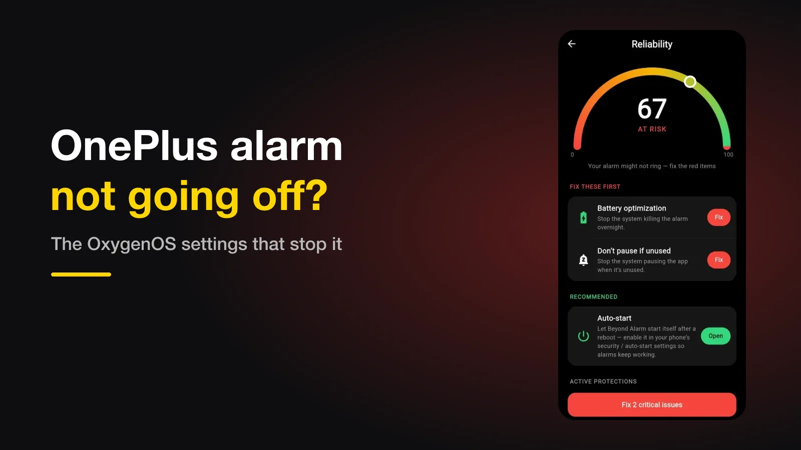 Beyond Alarm's reliability screen beside the headline: OnePlus alarm not going off.