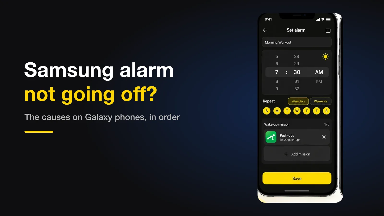 An alarm being set on an Android phone beside the headline: Samsung alarm not going off.