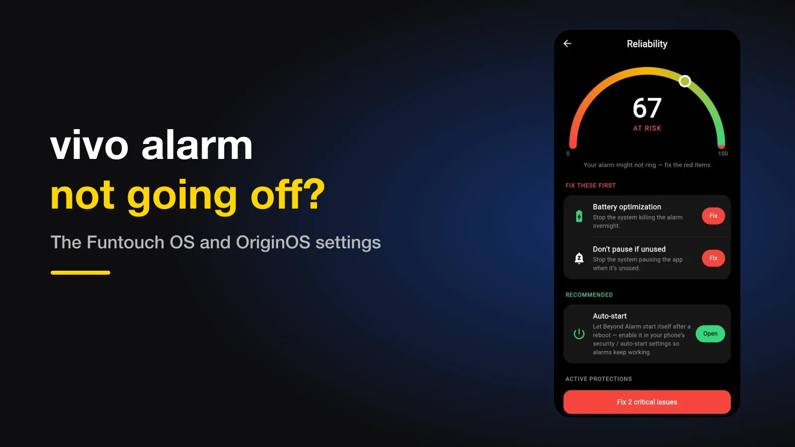 Beyond Alarm's reliability screen beside the headline: vivo alarm not going off.