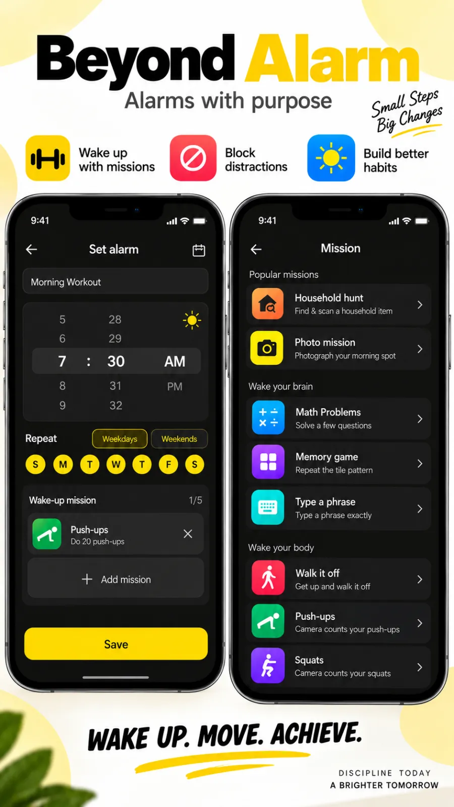 Setting a 7:30 AM Morning Workout alarm on weekdays with a push-ups mission, beside the mission list: household hunt, photo mission, maths, memory game, typing, walk it off, push-ups and squats