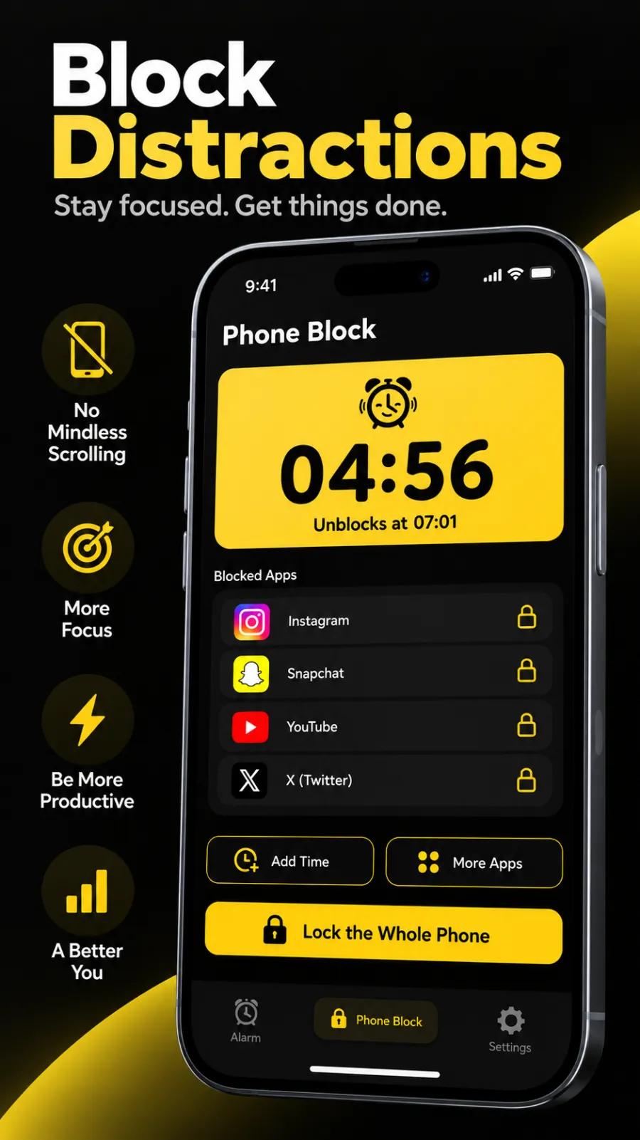 A running Phone Block: a live countdown, the time it unblocks, the blocked apps, and buttons to add time, add apps or lock the whole phone.