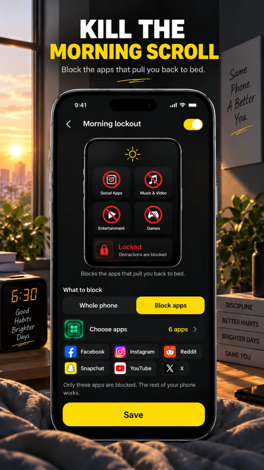 Morning lockout switched on, blocking six apps: Facebook, Instagram, Reddit, Snapchat, YouTube and X