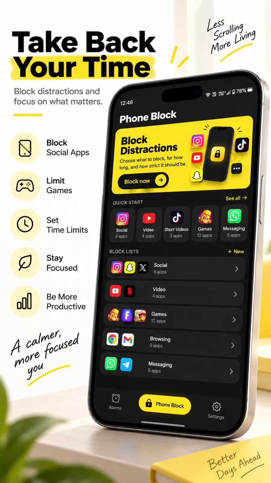Beyond Alarm's Phone Block home: the Block now button, quick-start categories and saved block lists.