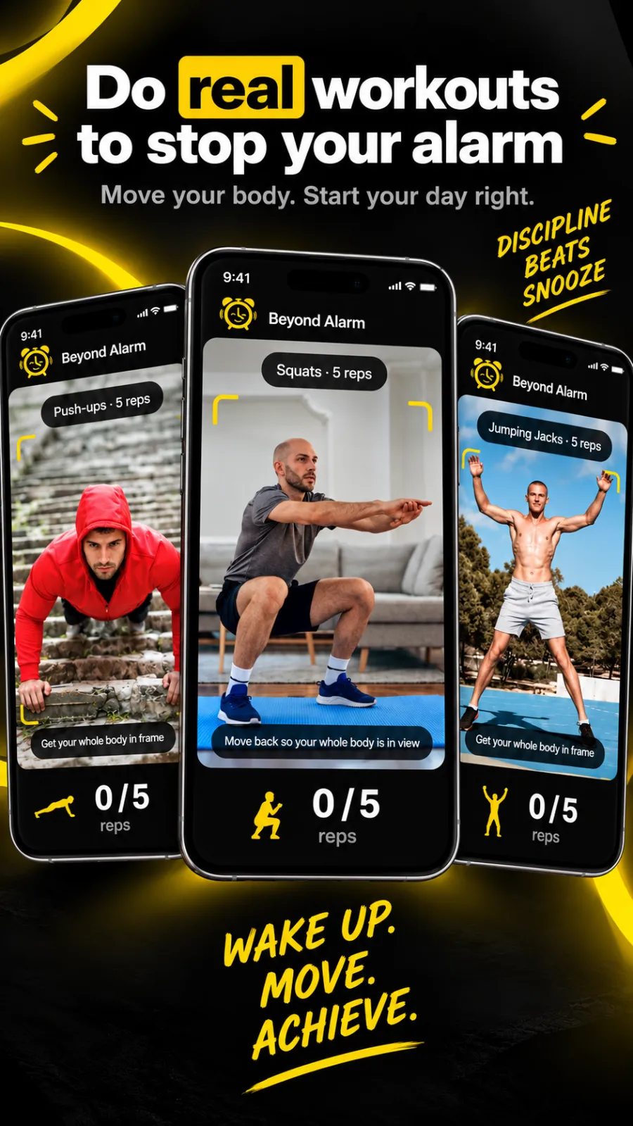 Push-ups, squats and jumping jacks counted live by the camera, each at 0 of 5 reps