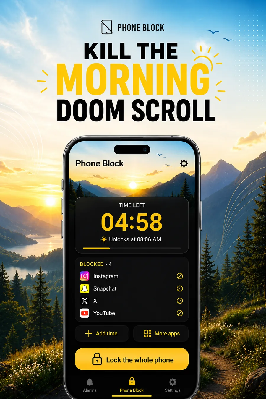 Phone Block counting down with Instagram, Snapchat, X and YouTube blocked