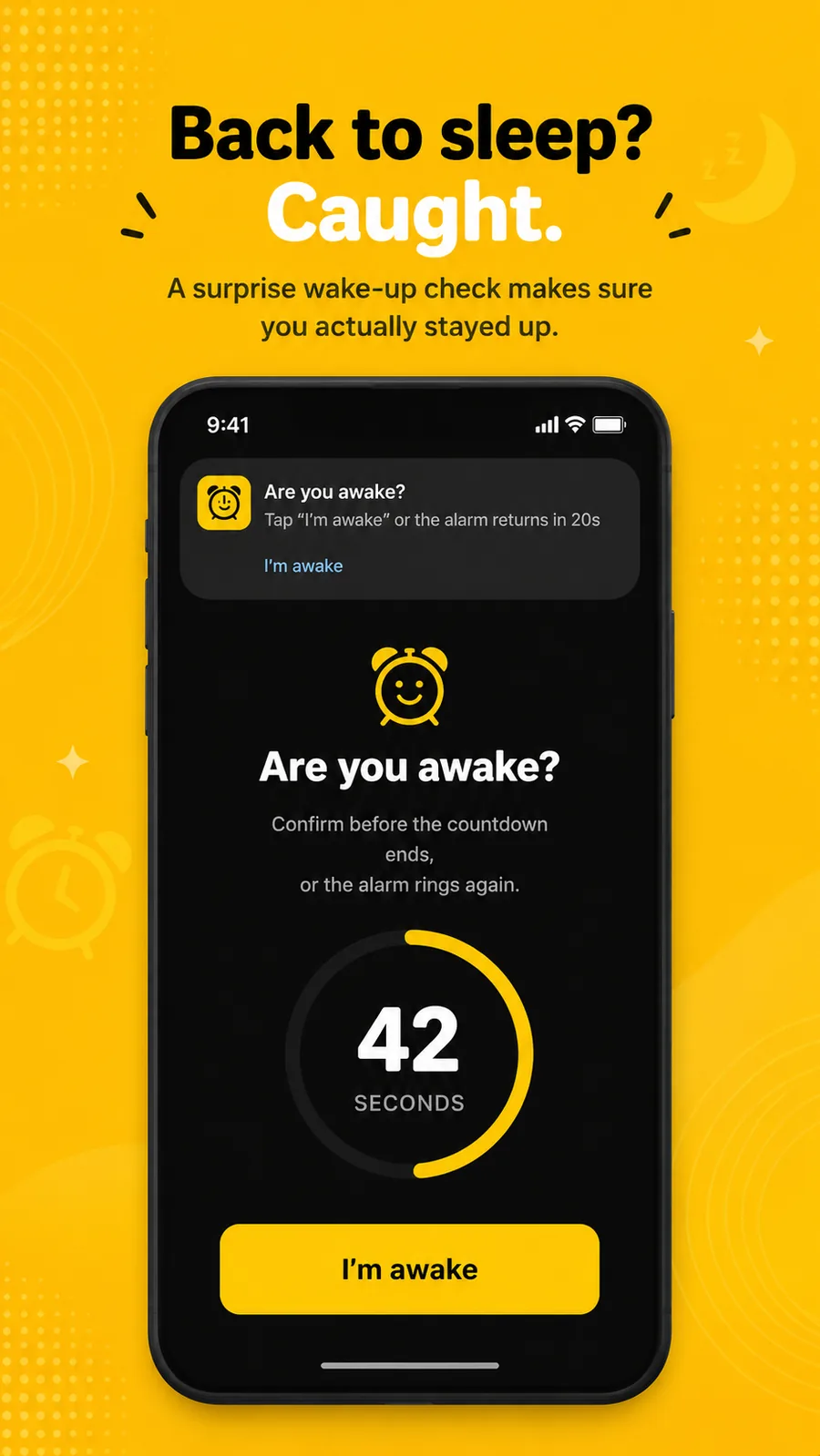 A surprise wake-up check asking are you awake, with a countdown