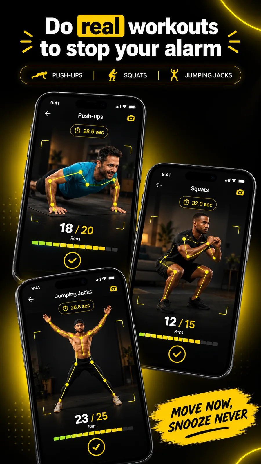 Push-ups, squats and jumping jacks counted live by the camera