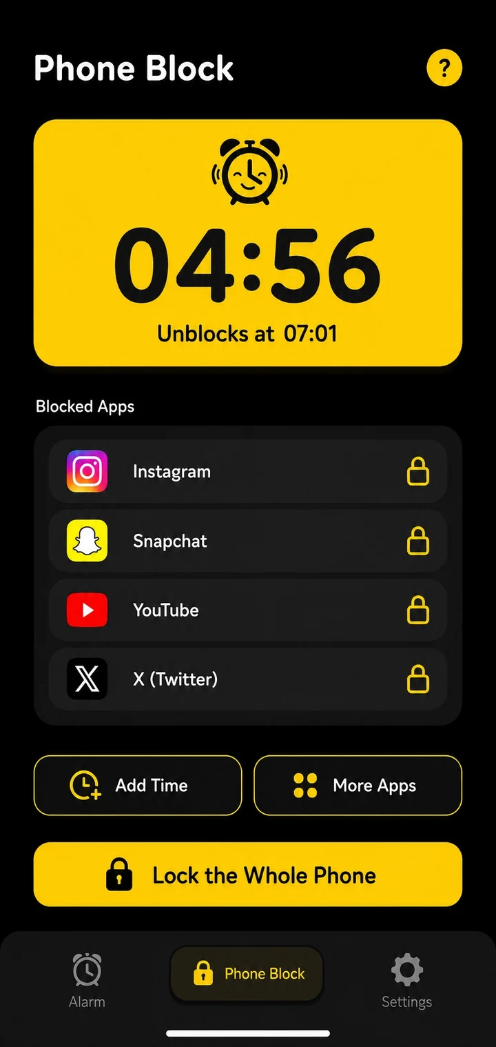 Phone Block counting down, with Instagram, Snapchat, YouTube and X locked