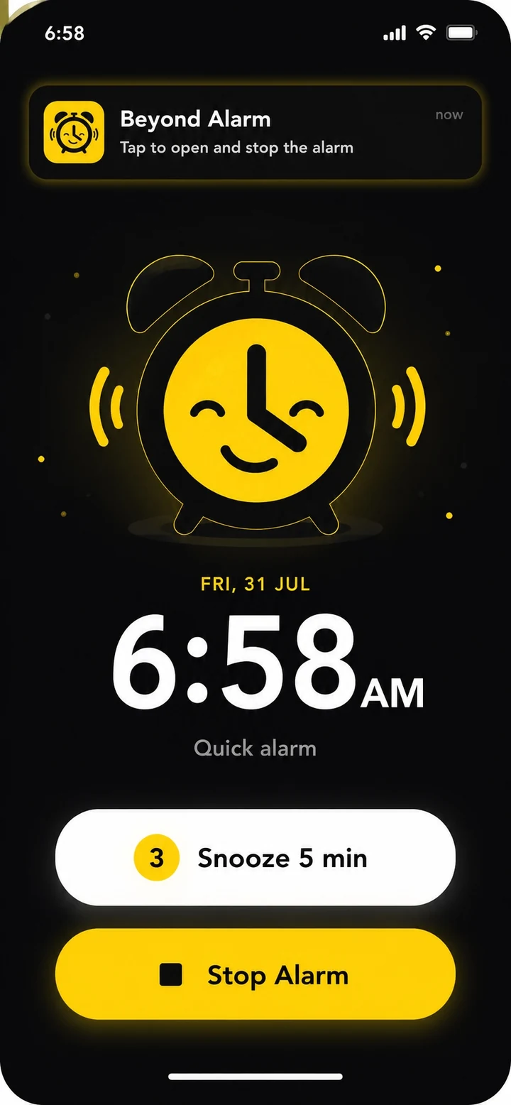 Beyond Alarm ringing at 6:58, with Snooze and Stop Alarm